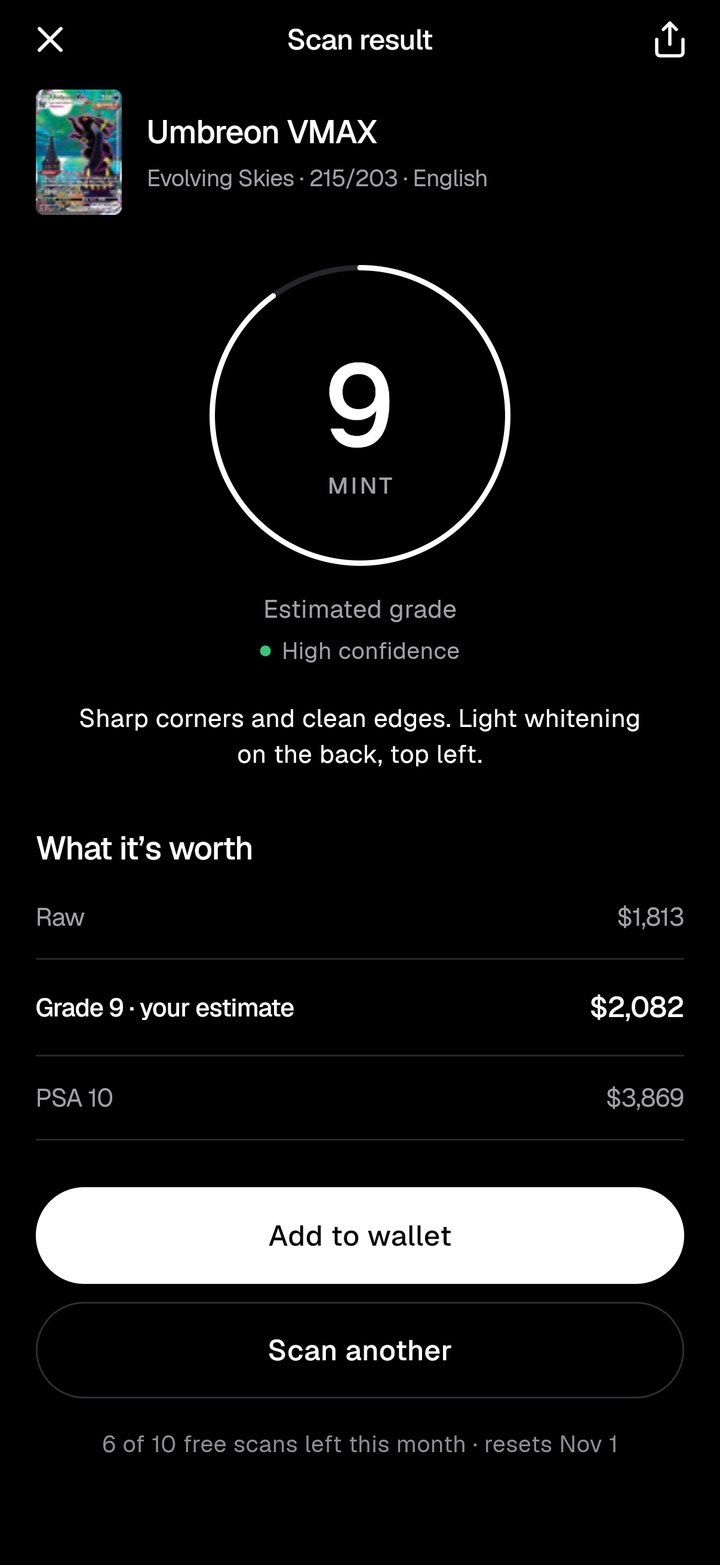 Scan result: estimated grade 9, high confidence, and what the card is worth at each grade