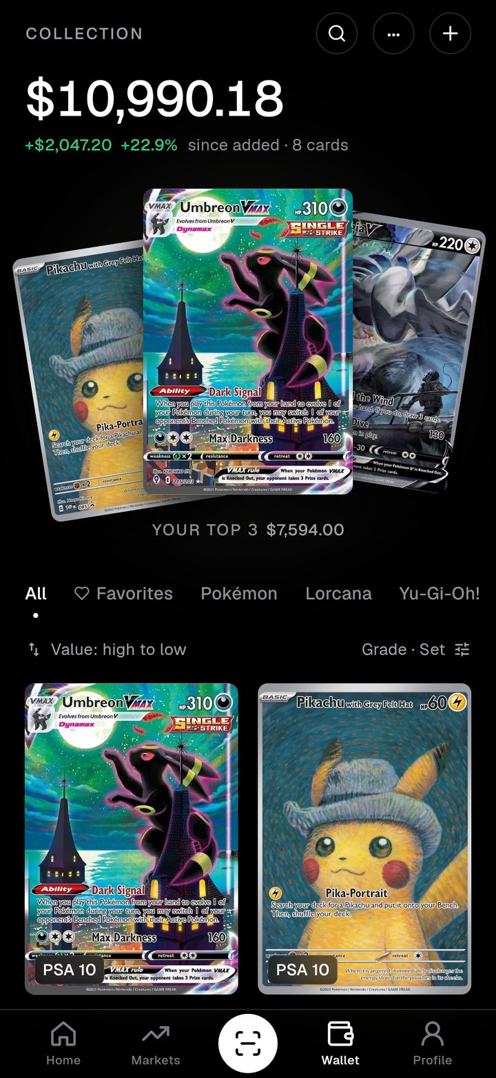 Wallet: the collection, its value and the top three cards